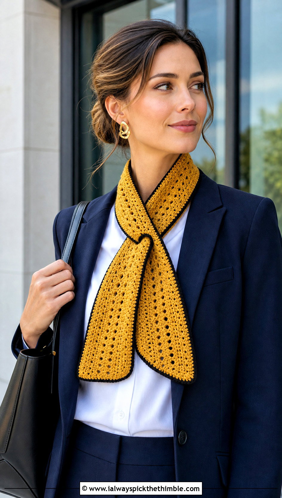 Keyhole Crochet Hufflepuff Scarf With Blazer And Trousers - 20 crochet hufflepuff scarf outfit ideas
