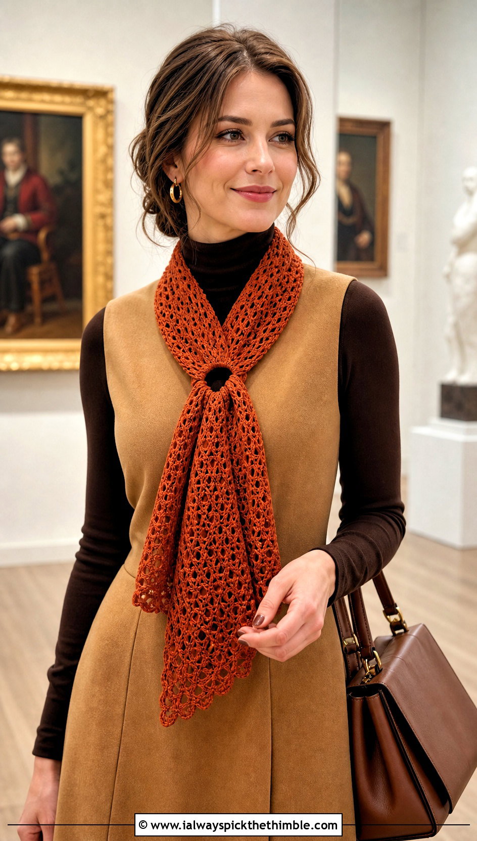 Keyhole Crochet Lace Scarf With Turtleneck And Midi Dress - 25 crochet lace scarf outfit ideas