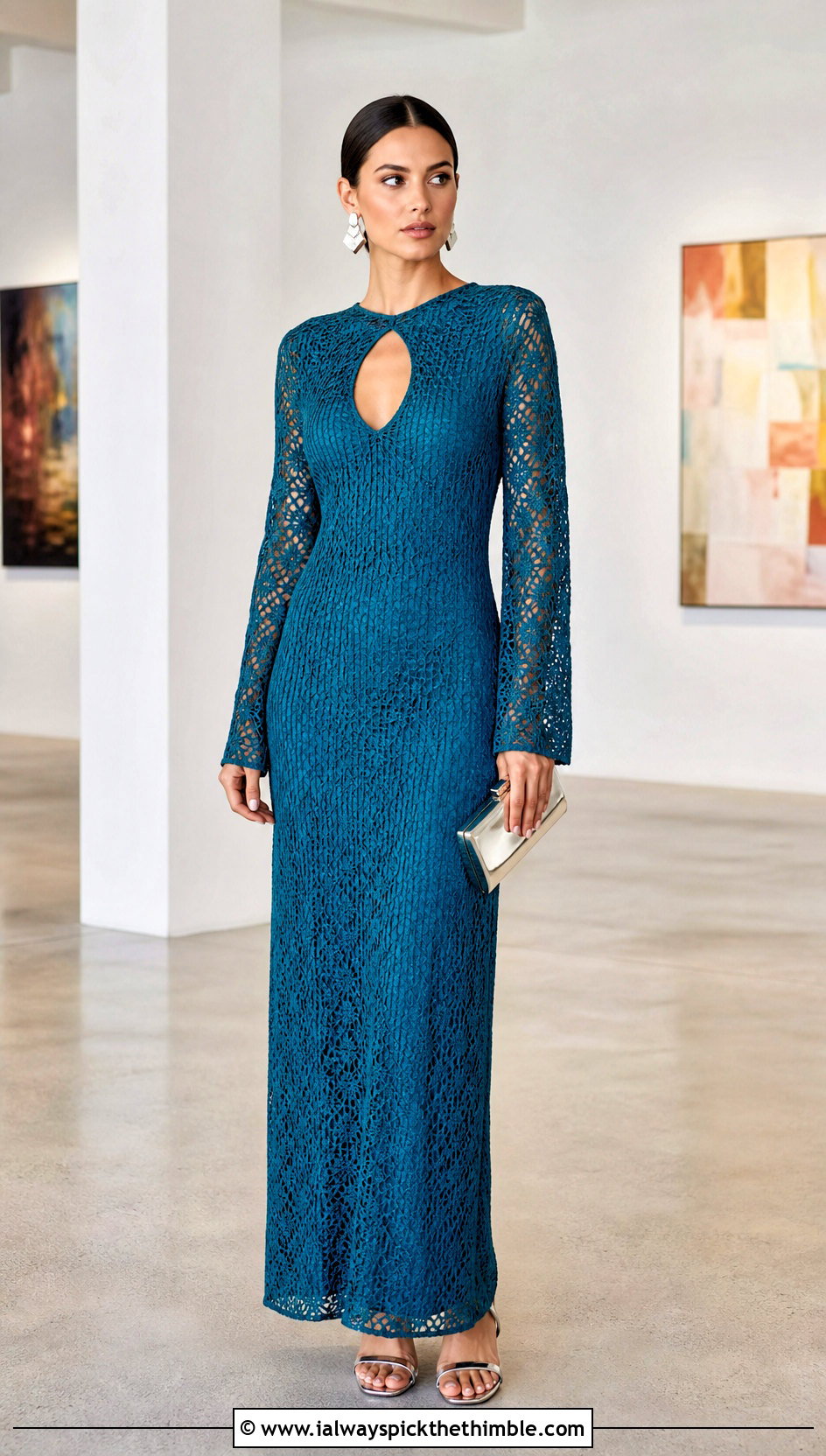 Keyhole Crochet Long Sleeve Maxi Dress With Metallic Sandals - 20 crochet long sleeve dress outfit ideas