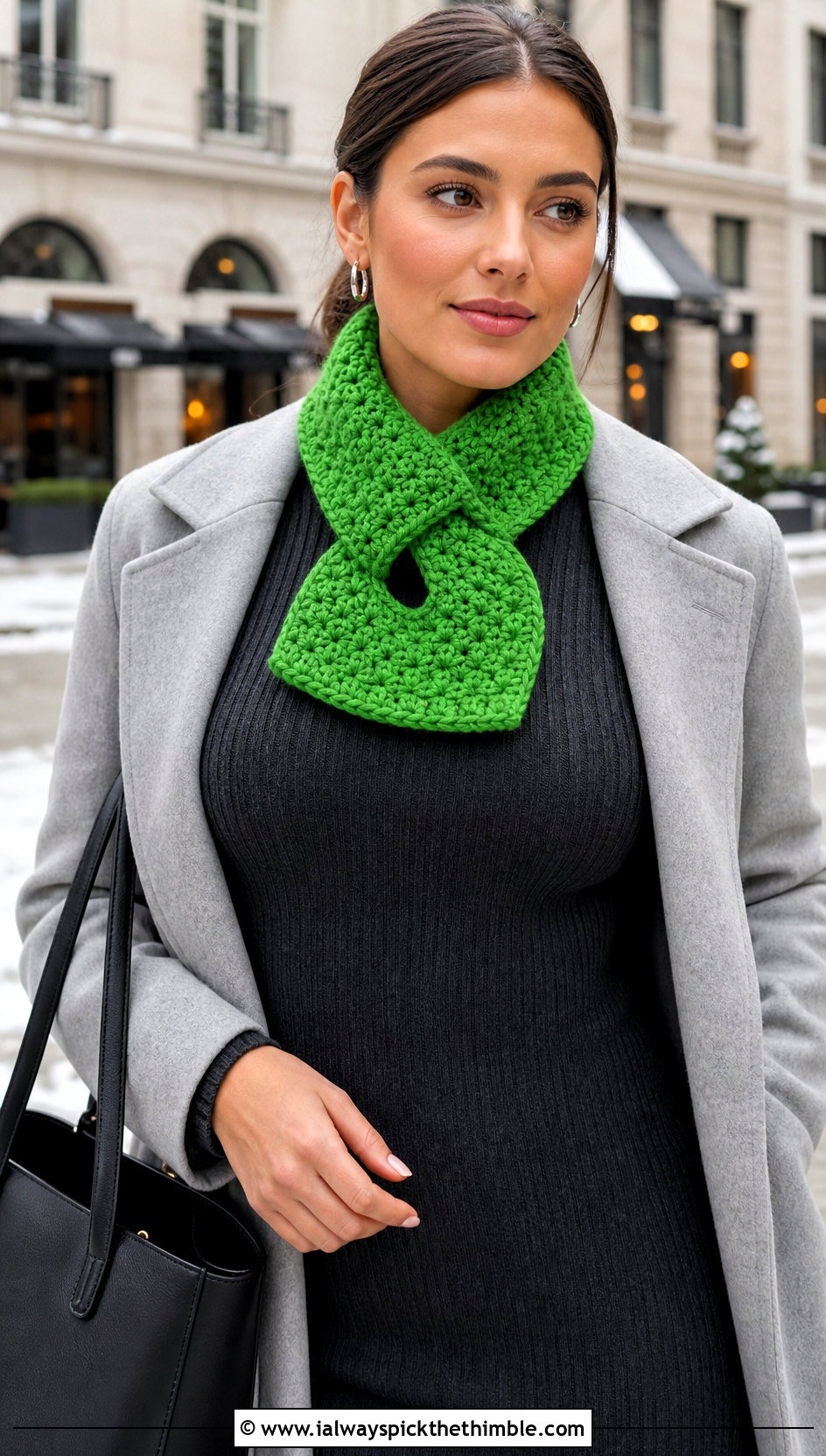Keyhole Crochet Mini Scarf With Sweater Dress And Boots - 20 Tiny Crochet Scarf outfit ideas