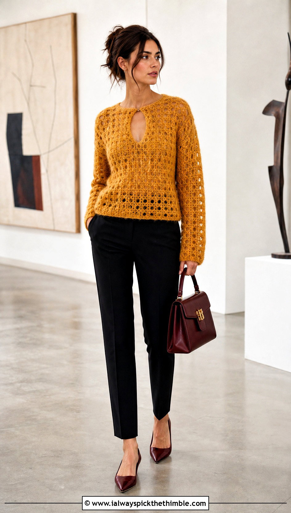 Keyhole Crochet Mohair Top With Cigarette Pants - 25 crochet mohair top outfit ideas