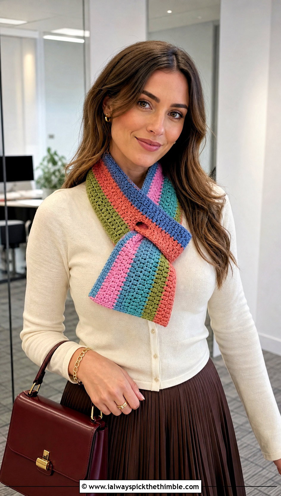 Keyhole Crochet Rainbow Scarf With Cardigan And Midi Skirt - 15 Crochet Rainbow Scarf outfit ideas