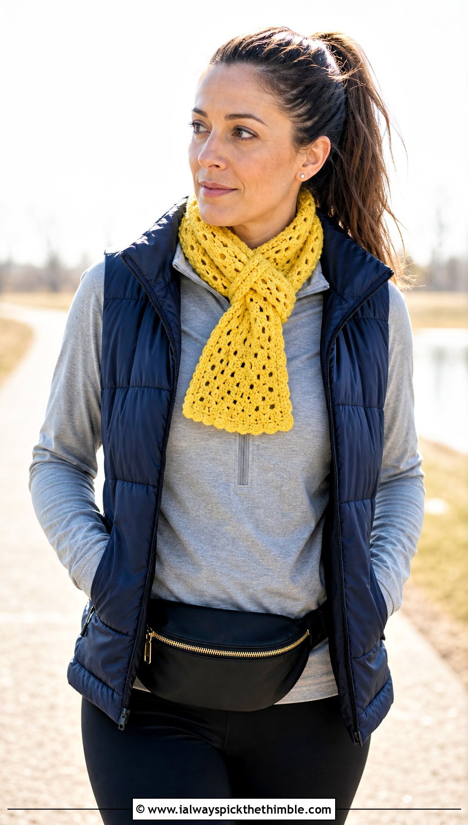 Keyhole Crochet Ribbon Scarf With Puffer Vest And Leggings - 15 Crochet Ribbon Scarf outfit ideas