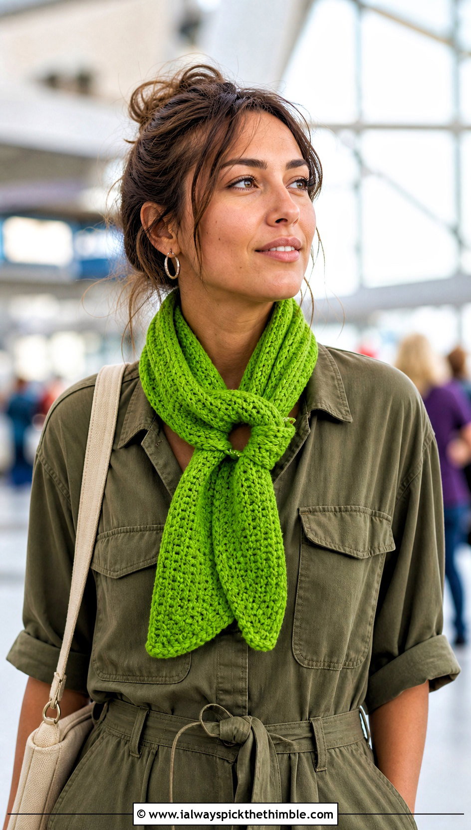 Keyhole Crochet Sally Scarf With Utility Jumpsuit And Sneakers - 20 Crochet Sally Scarf outfit ideas