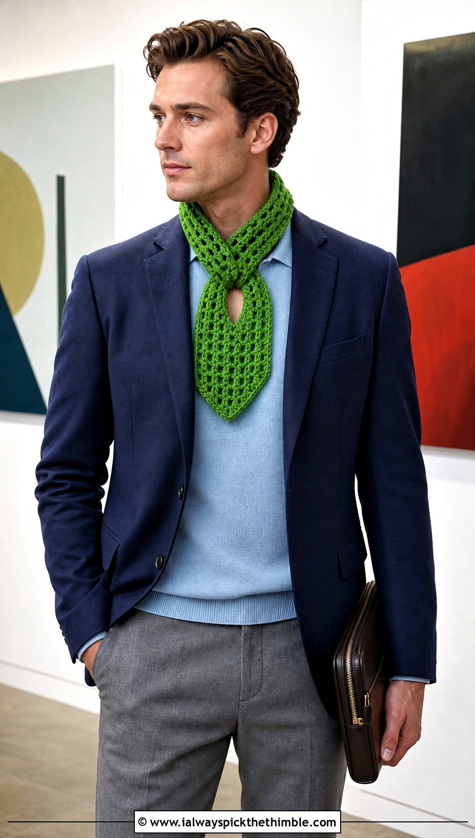 Keyhole Crochet Scarf With Blazer - 20 Mens Crochet Scarf outfit ideas