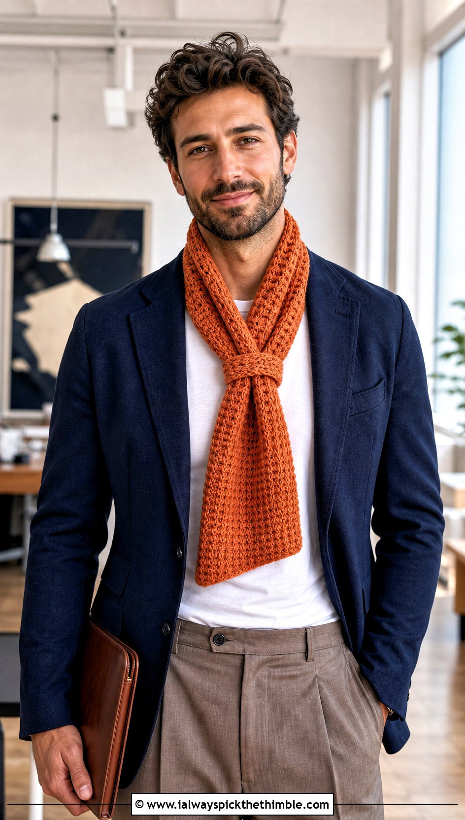 Keyhole Crochet Scarf With Blazer - 20 crochet scarf ideas for men