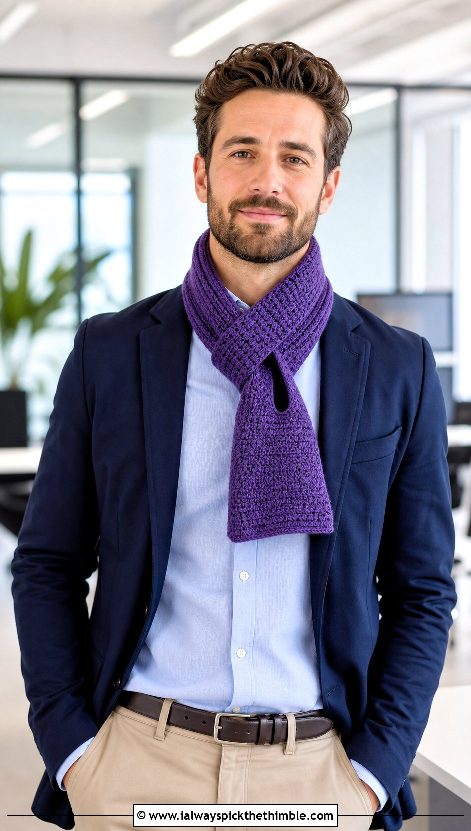 Keyhole Crochet Scarf With Business Casual Blazer - 20 male crochet scarf outfit ideas