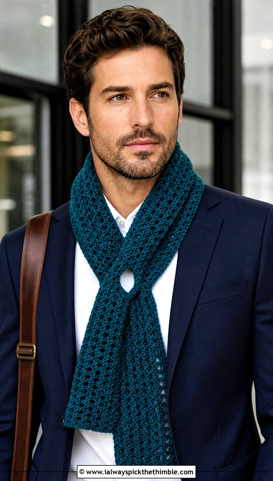 Keyhole Crochet Scarf With Business Suit - 25 crochet scarf for men outfit ideas