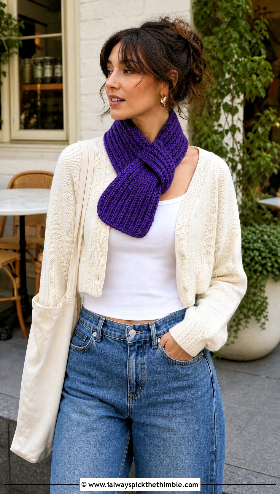 Keyhole Crochet Scarf With Cardigan And Jeans - 20 easy crochet scarfs outfit ideas