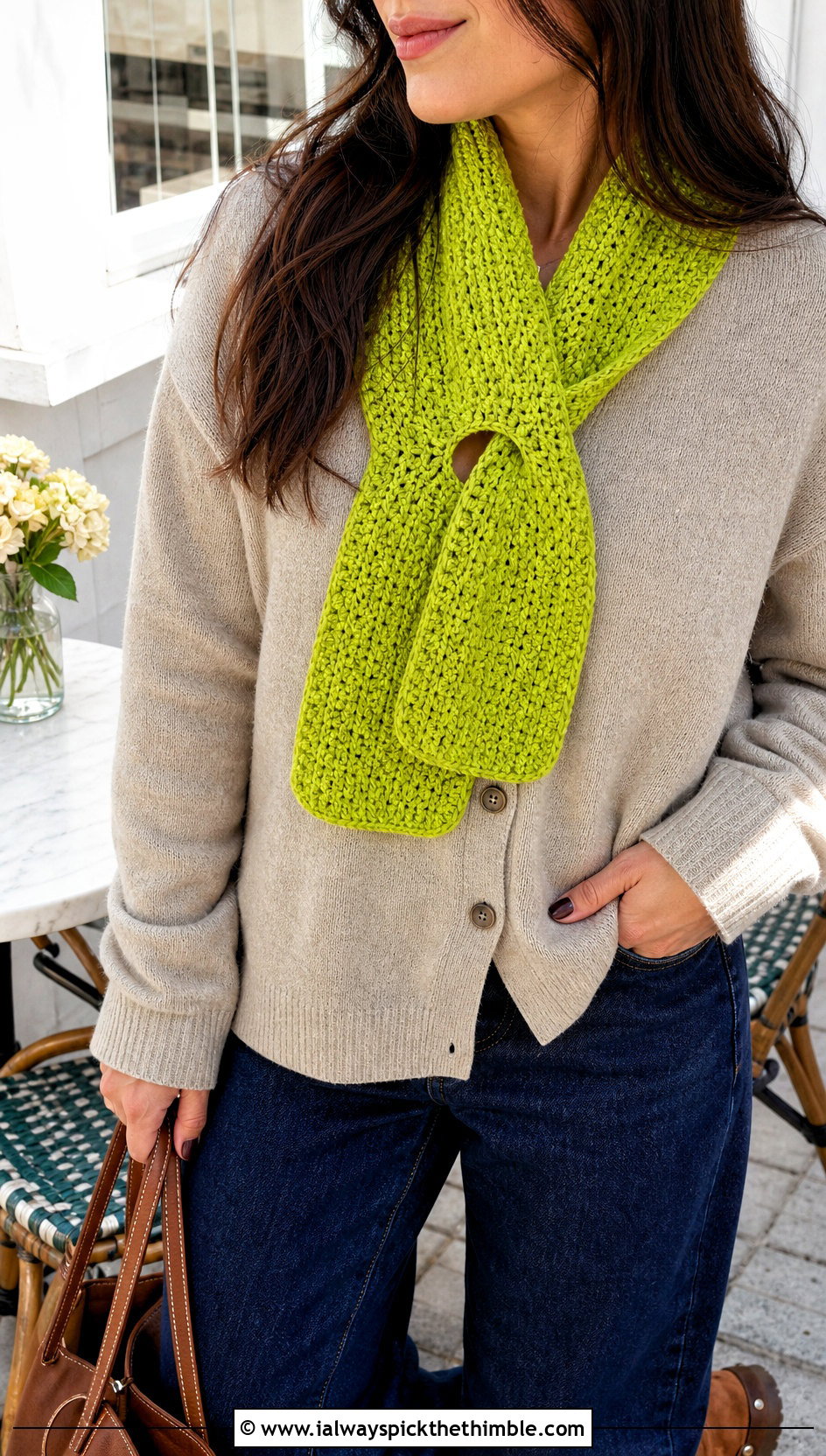 Keyhole Crochet Scarf With Cardigan And Jeans - 20 autumn crochet scarf outfit ideas