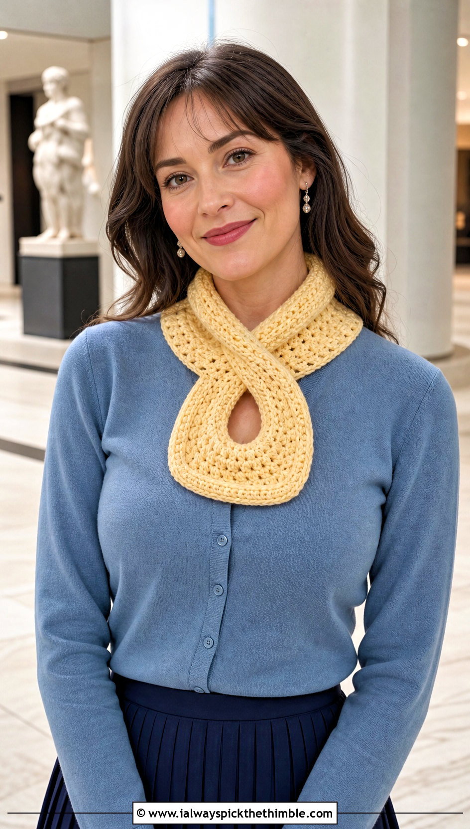 Keyhole Crochet Scarf With Cardigan And Midi Skirt - 20 crochet scarf design ideas