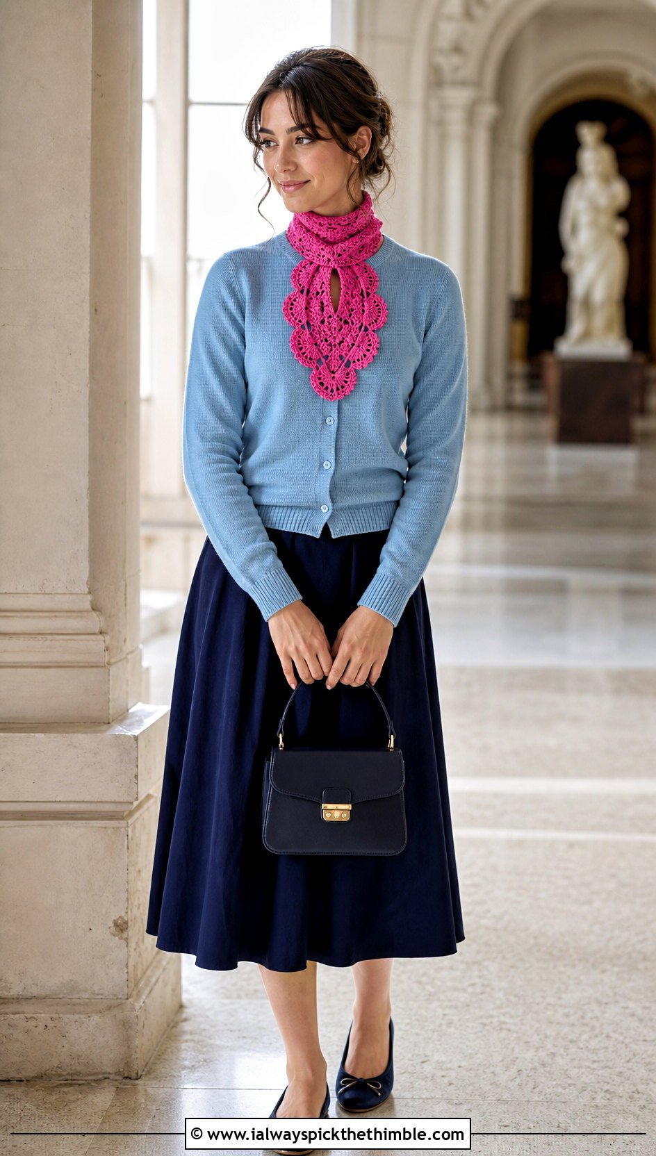 Keyhole Crochet Scarf With Cardigan And Midi Skirt - 25 fun crochet scarf outfit ideas