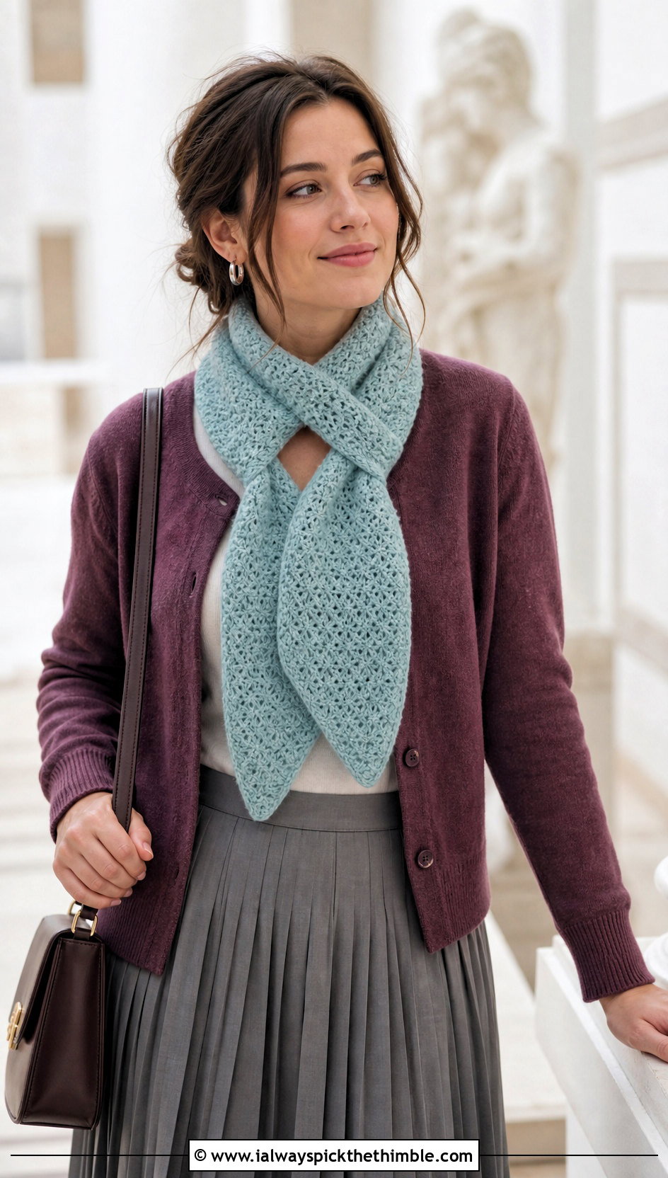 Keyhole Crochet Scarf With Cardigan And Midi Skirt - 15 Vibrant Crochet Scarf outfit ideas