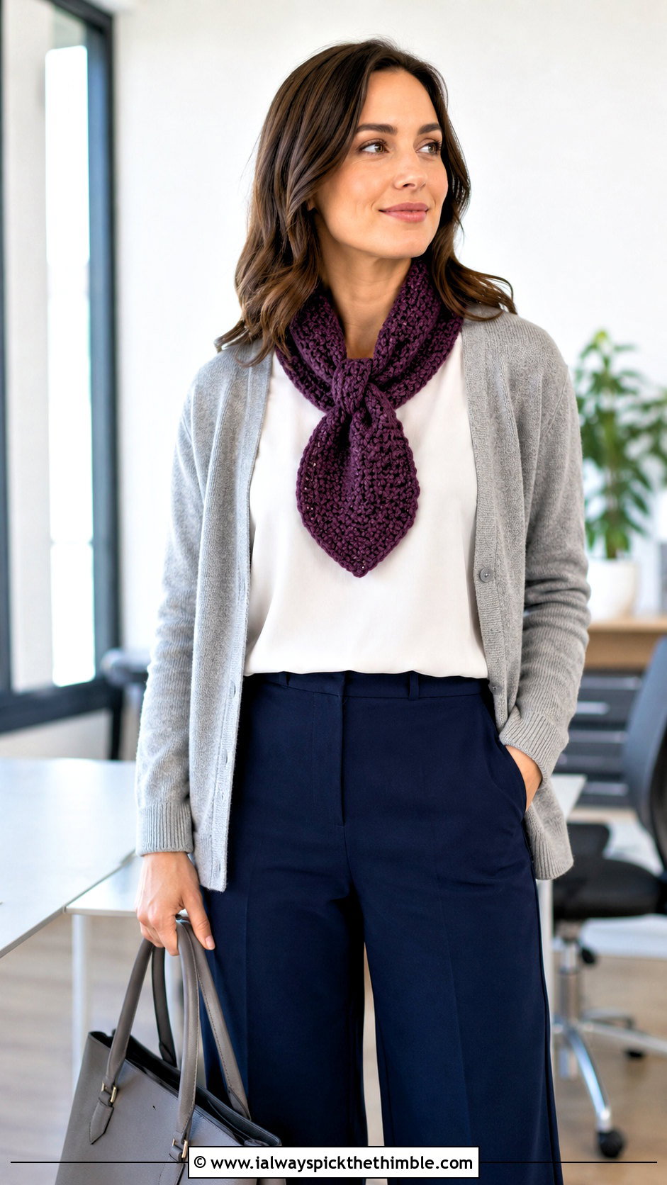Keyhole Crochet Scarf With Cardigan And Trousers - 25 easy crochet scarf for beginners outfit ideas