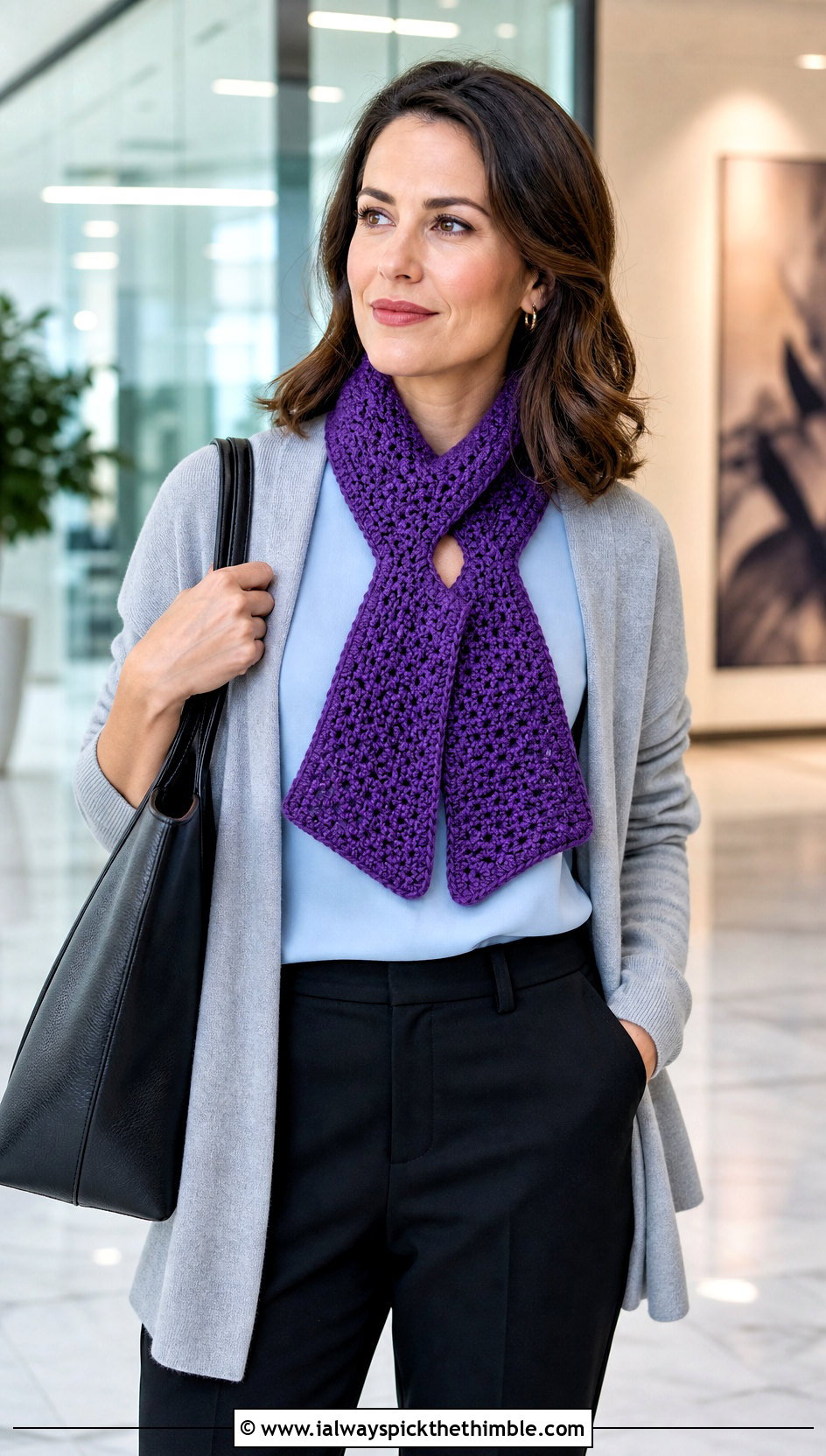 Keyhole Crochet Scarf With Cardigan And Trousers - 25 crochet scarf outfit ideas