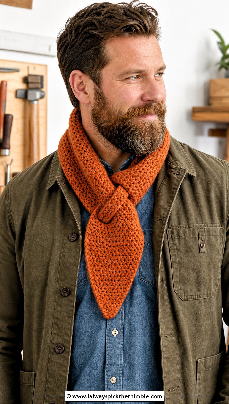 Keyhole Crochet Scarf With Chore Coat - 20 easy crochet scarf men outfit ideas