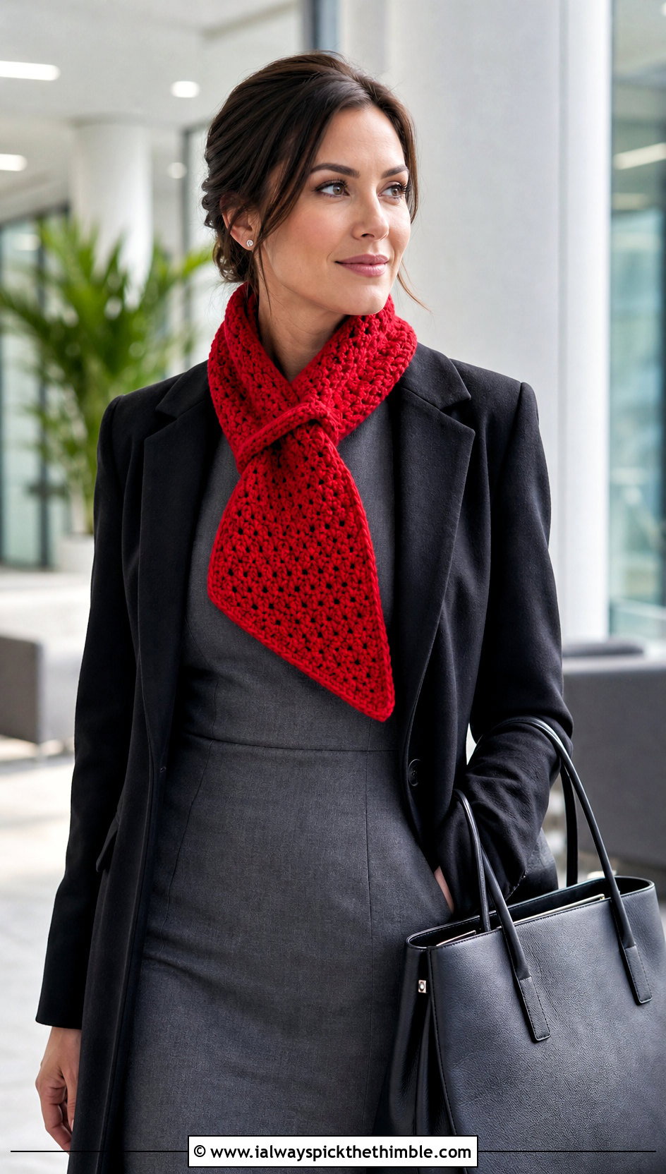 Keyhole Crochet Scarf With Office Dress - 15 beginner crochet scarf design outfit ideas