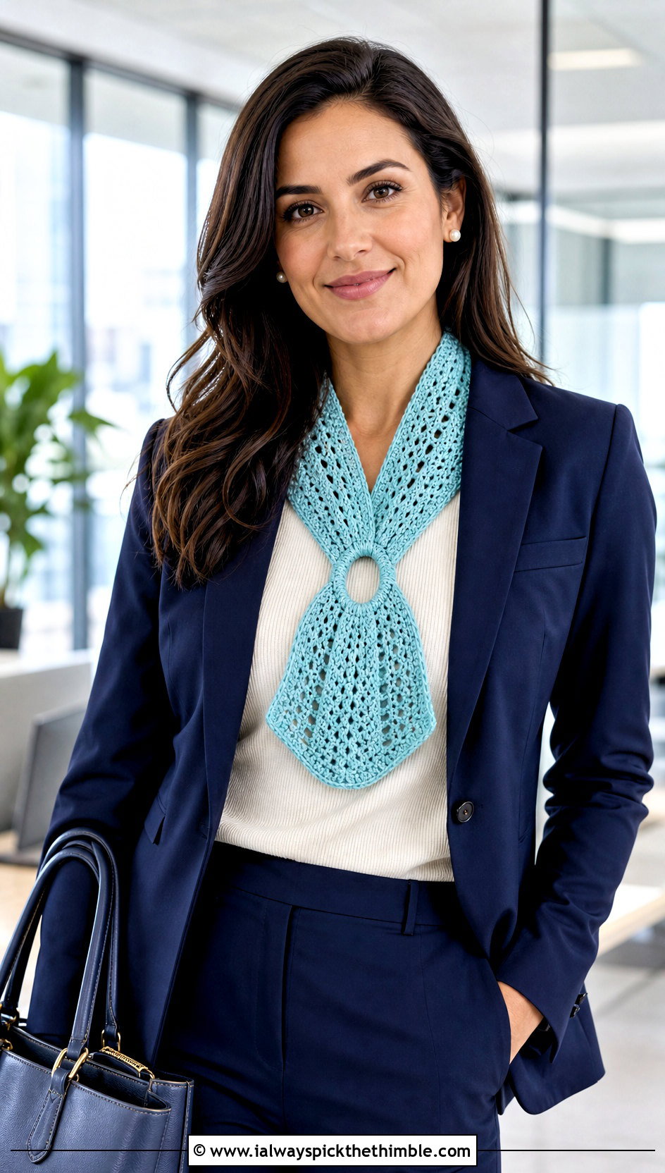 Keyhole Crochet Scarf With Office Suit - 25 quick crochet scarf outfit ideas