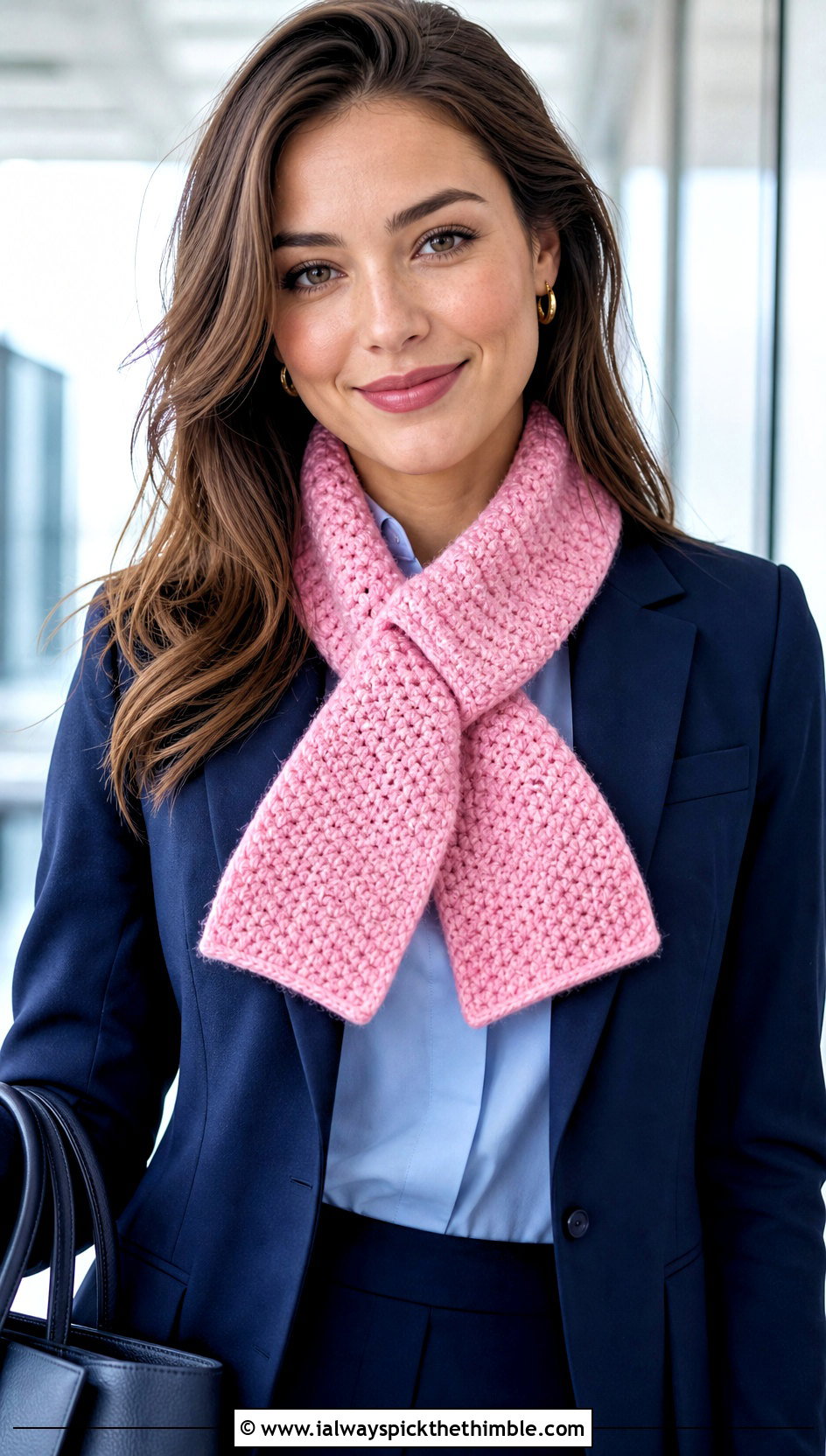 Keyhole Crochet Scarf With Pantsuit - 25 Winter Crochet Scarf outfit ideas