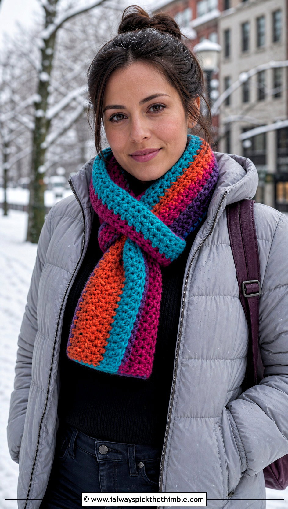 Keyhole Crochet Scarf With Puffer Jacket - 20 multi colored crochet scarf outfit ideas