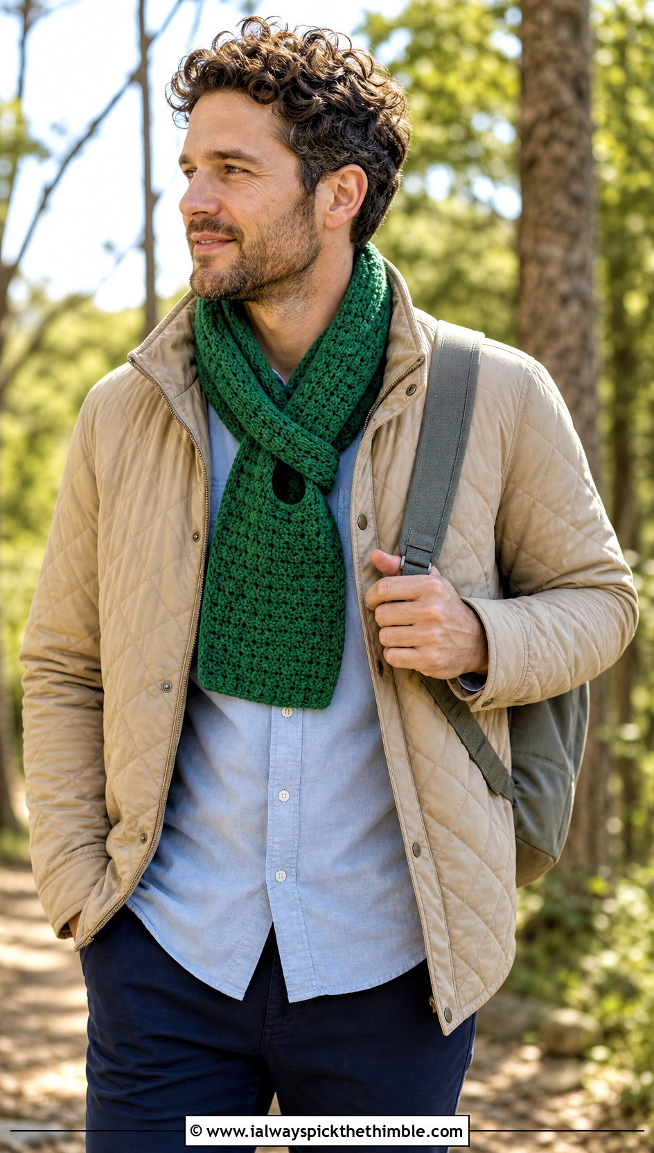 Keyhole Crochet Scarf With Quilted Jacket - 25 men's crochet scarf outfit ideas