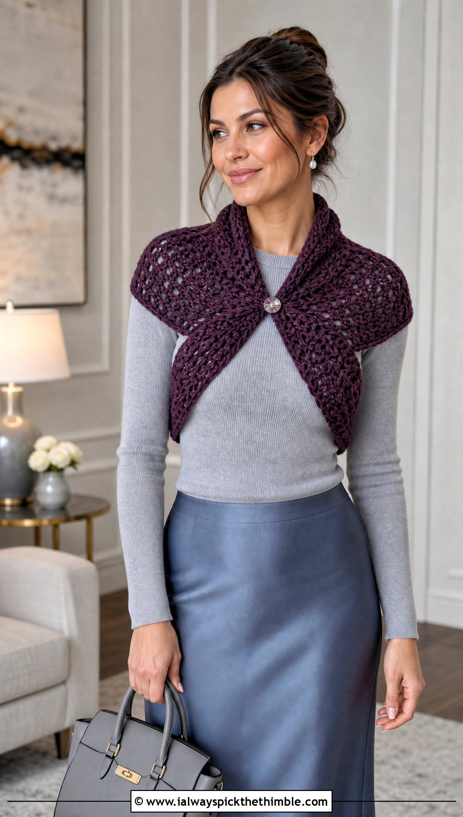 Keyhole Crochet Scarf With Sweater And Midi Skirt - 20 pretty crochet scarf outfit ideas