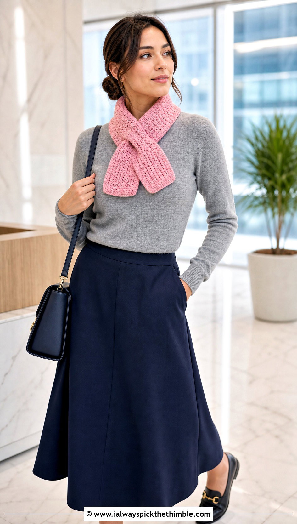Keyhole Crochet Scarf With Sweater And Midi Skirt - 20 Quick And Easy Crochet Scarf outfit ideas