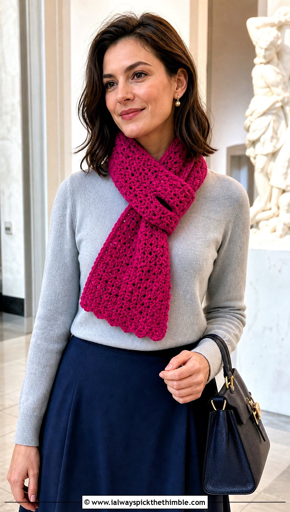 Keyhole Crochet Scarf With Sweater And Midi Skirt - 20 Beautiful Crochet Scarf outfit ideas