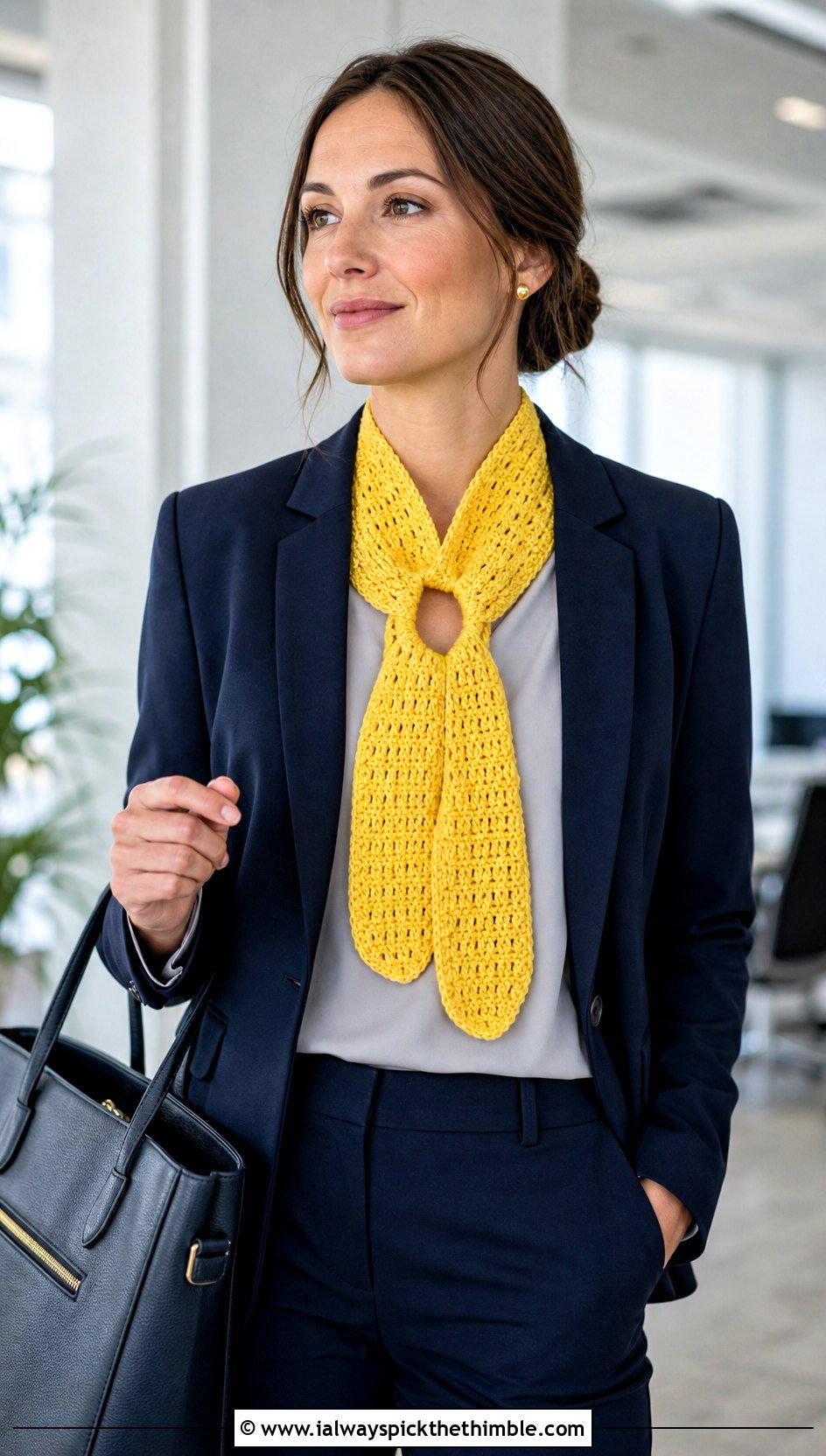 Keyhole Crochet Scarf With Tailored Suit - 20 unique crochet scarf outfit ideas