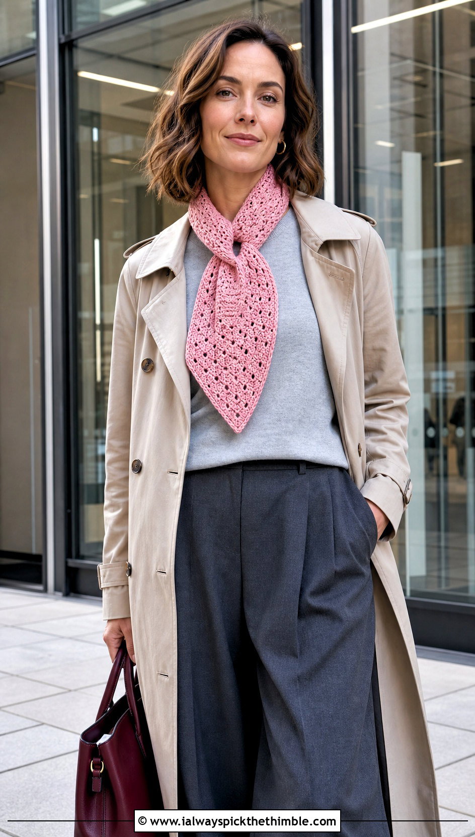 Keyhole Crochet Scarf With Trench Coat - 15 unusual crochet scarf outfit ideas