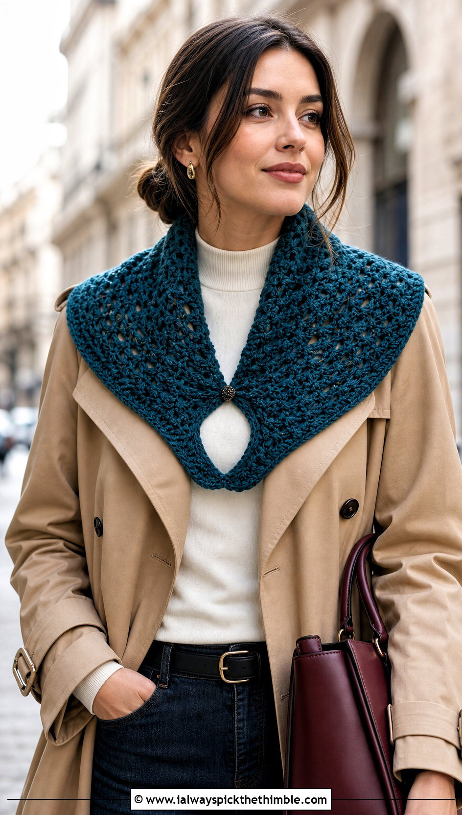 Keyhole Crochet Scarf With Trench Coat - 20 Multifunctional Crochet Scarf outfit ideas