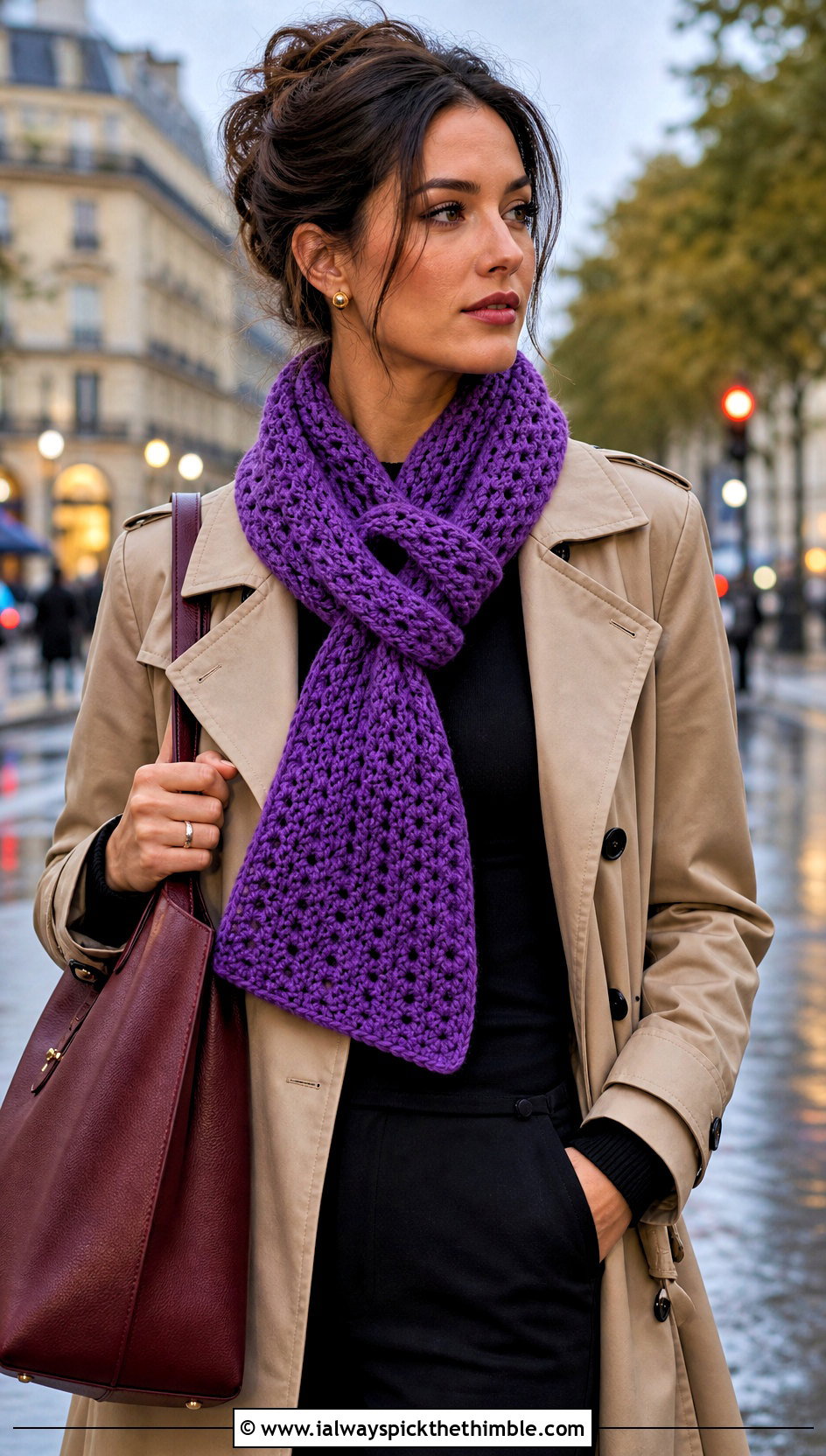 Keyhole Crochet Scarf With Trench Coat - 25 easy one skein crochet scarf outfit ideas