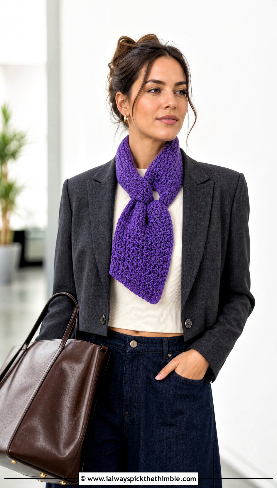 Keyhole Crochet Scarf With Wide Leg Jeans - 20 denim and crochet scarf outfit ideas