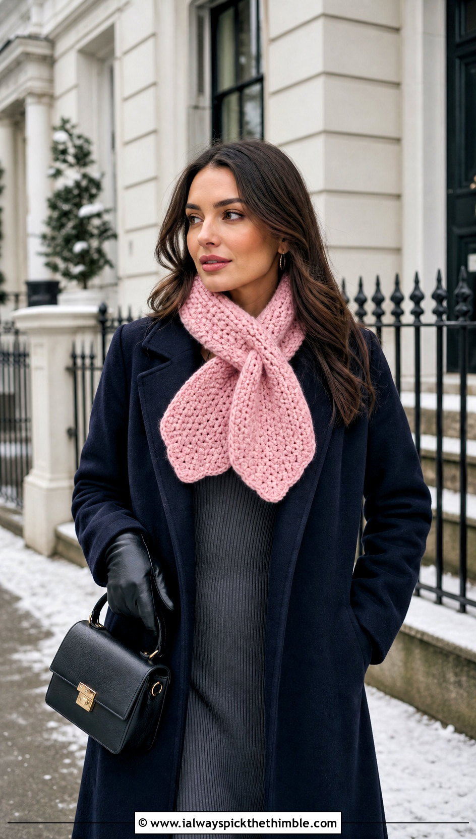 Keyhole Crochet Scarf With Wool Coat And Midi Dress - 15 Winter Crochet Scarf Design outfit ideas