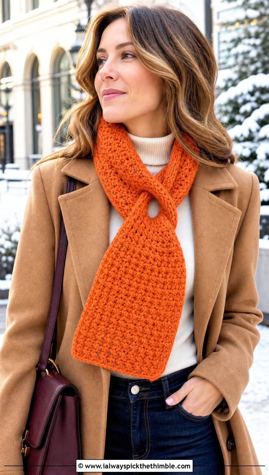 Keyhole Crochet Scarf With Wool Coat - 20 Crochet For Beginners Scarf outfit ideas