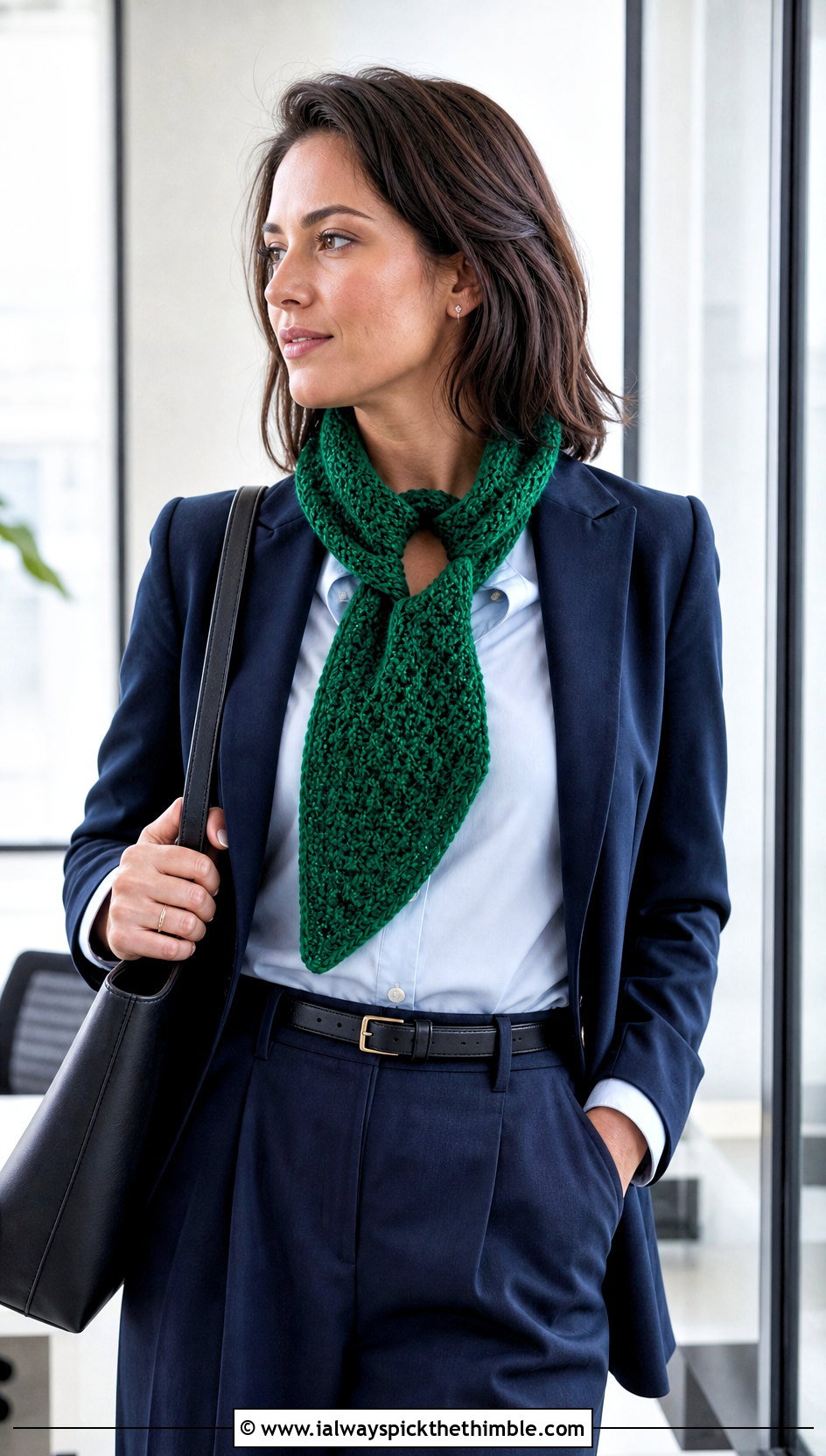 Keyhole Crochet Shawl Scarf With Shirt And Trousers - 20 crochet shawl scarf outfit ideas