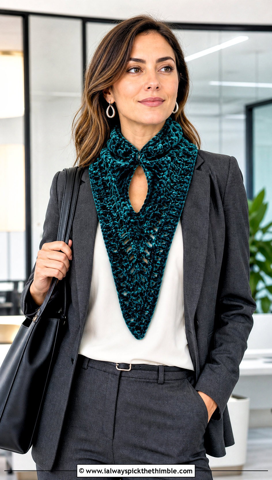 Keyhole Crochet Velvet Scarf With Pantsuit - 20 Crochet Velvet Scarf outfit ideas