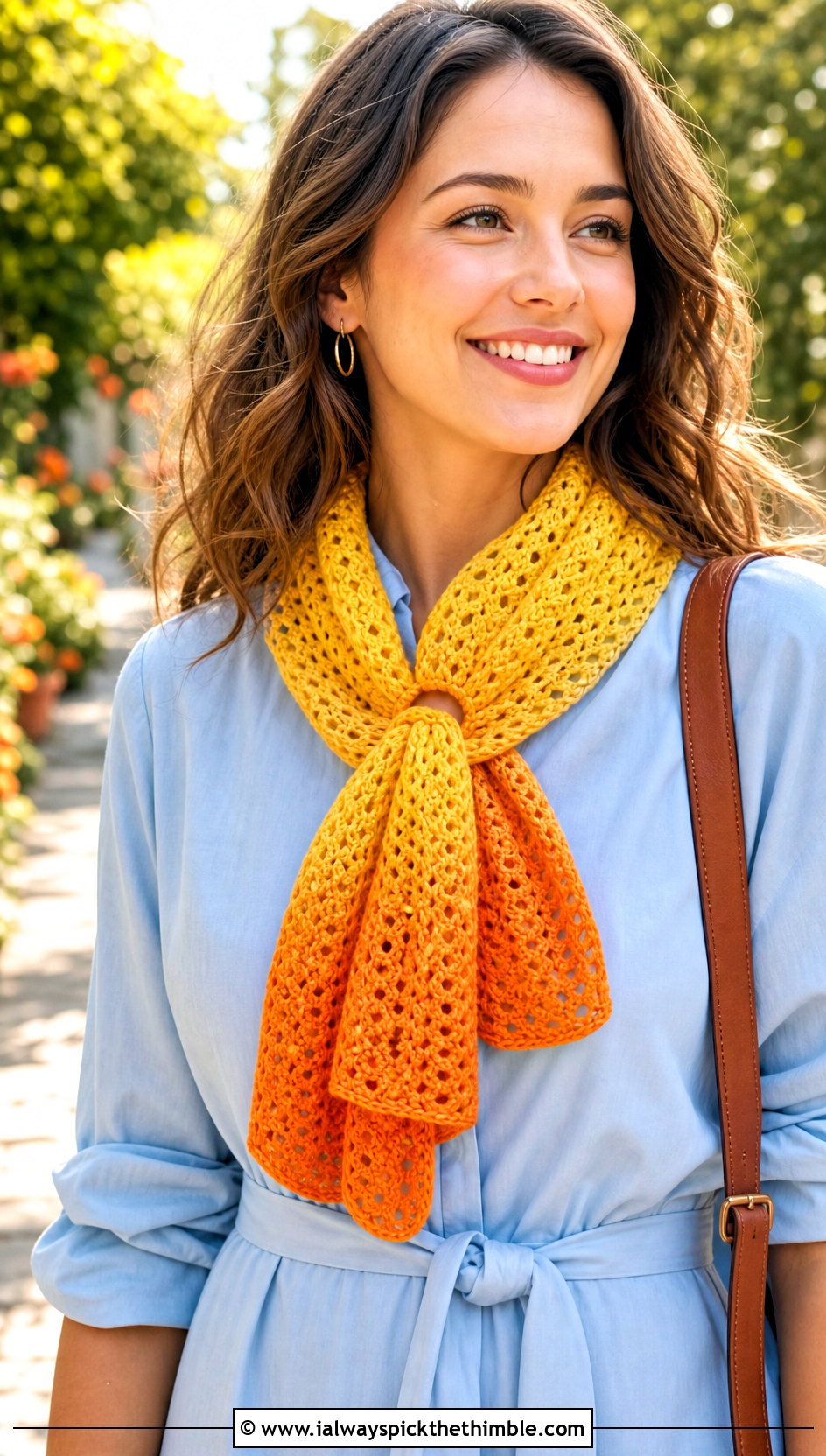 Keyhole Gradient Crochet Scarf With Shirt Dress - 20 gradient crochet scarf outfit ideas