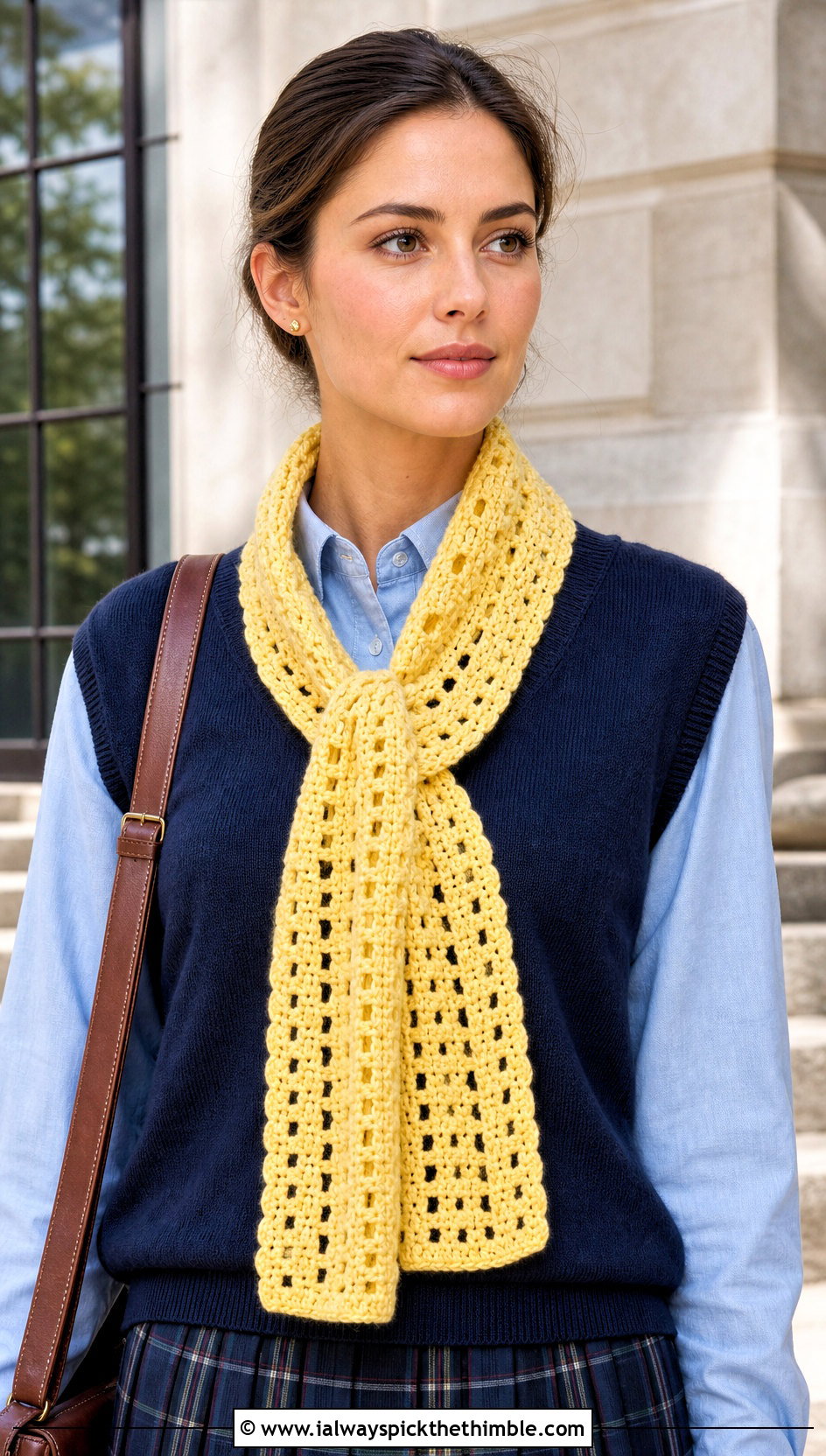 Keyhole Granny Stitch Scarf With Preppy Separates - 20 crochet granny stitch scarf outfit ideas