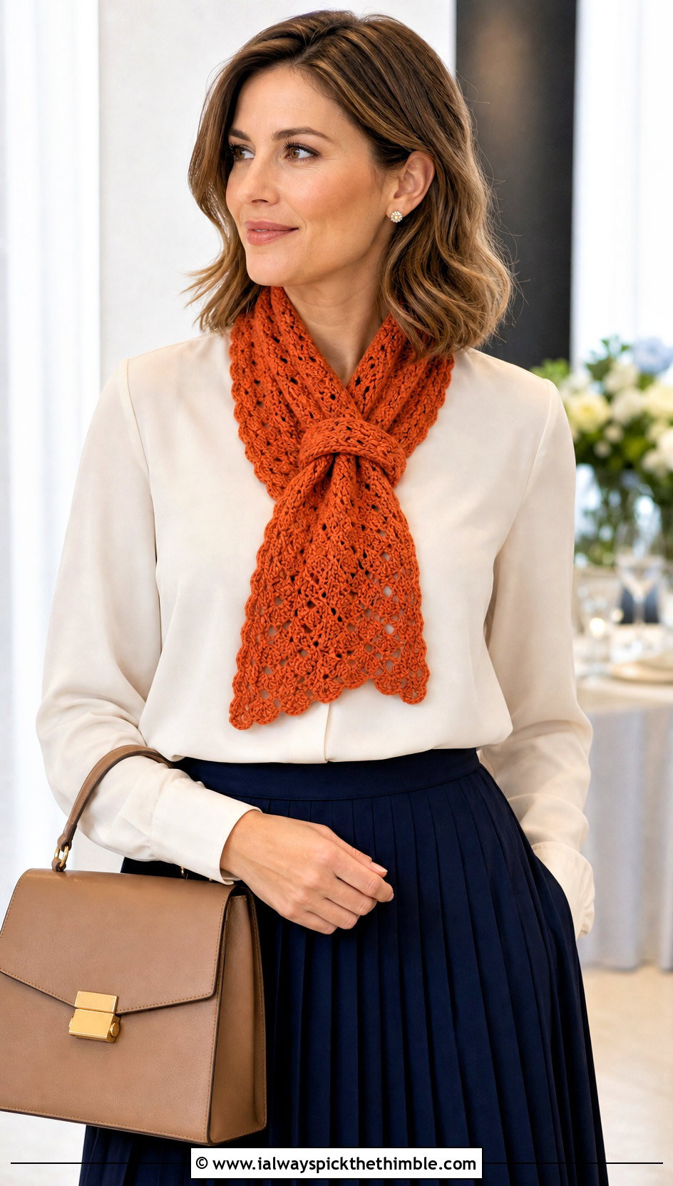 Keyhole Lace Crochet Scarf With Blouse And Pleated Skirt - 15 Easy Lace Crochet Scarf outfit ideas