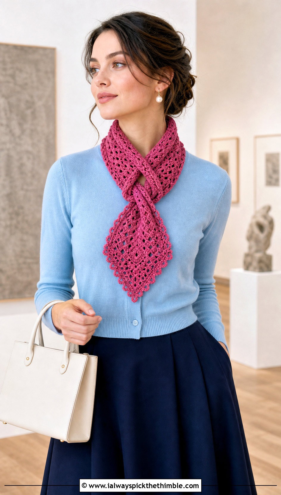 Keyhole Lace Crochet Scarf With Cardigan And Midi Skirt - 15 Lacy Crochet Scarf outfit ideas