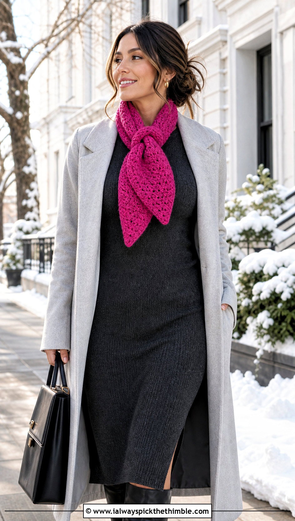 Keyhole Mini Crochet Scarf With Knit Dress And Boots - 20 mini crochet scarf outfit ideas