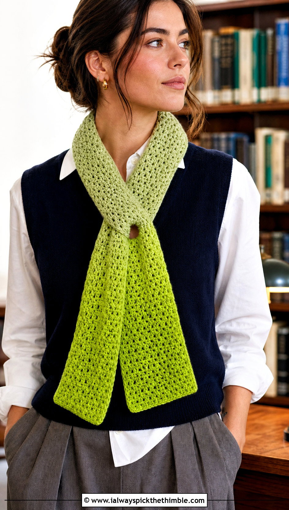 Keyhole Ombre Crochet Scarf With Sweater Vest - 20 Ombre Crochet Scarf outfit ideas