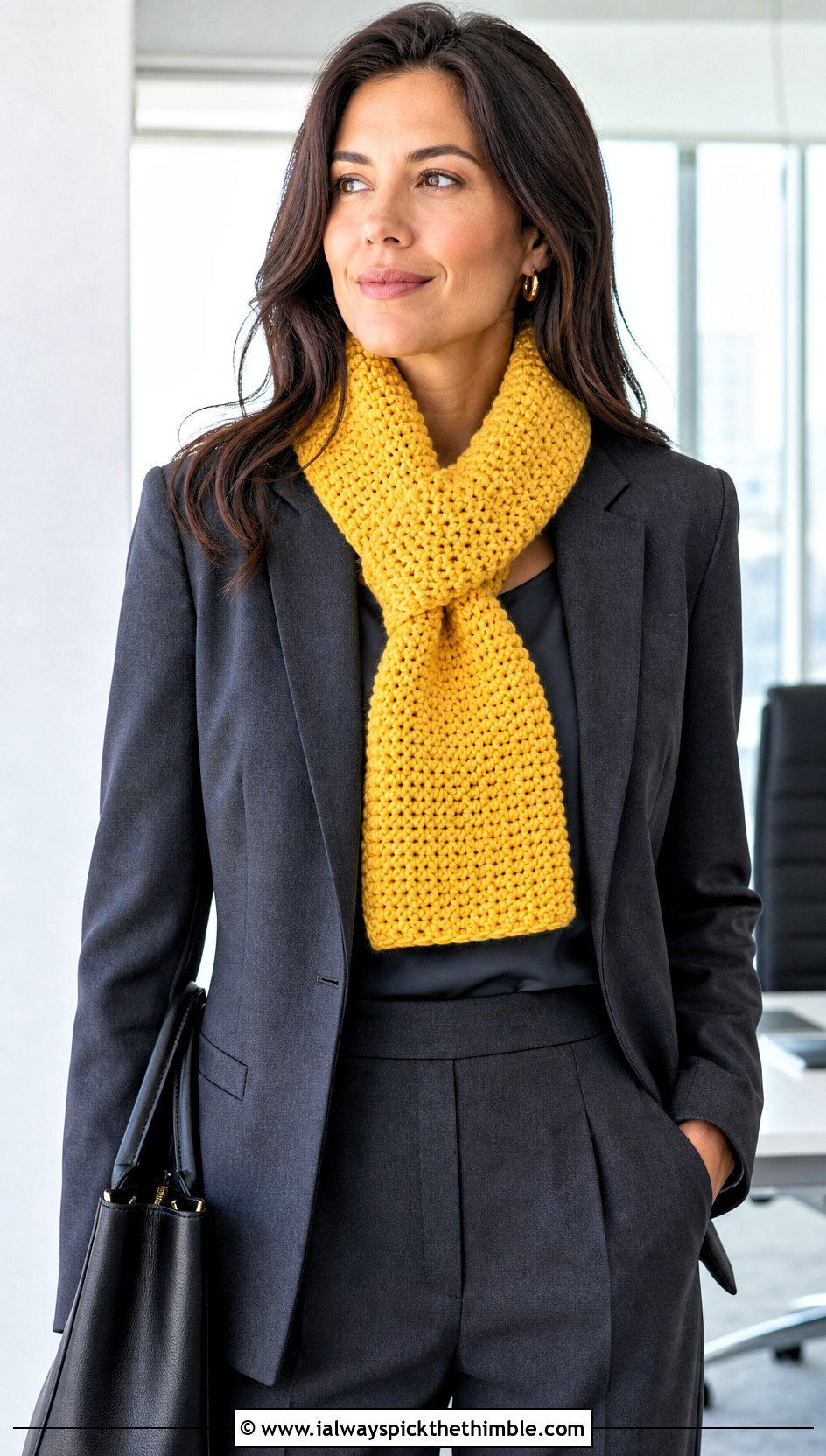 Keyhole One Ball Crochet Scarf With Blazer And Trousers - 15 one ball crochet scarf outfit ideas