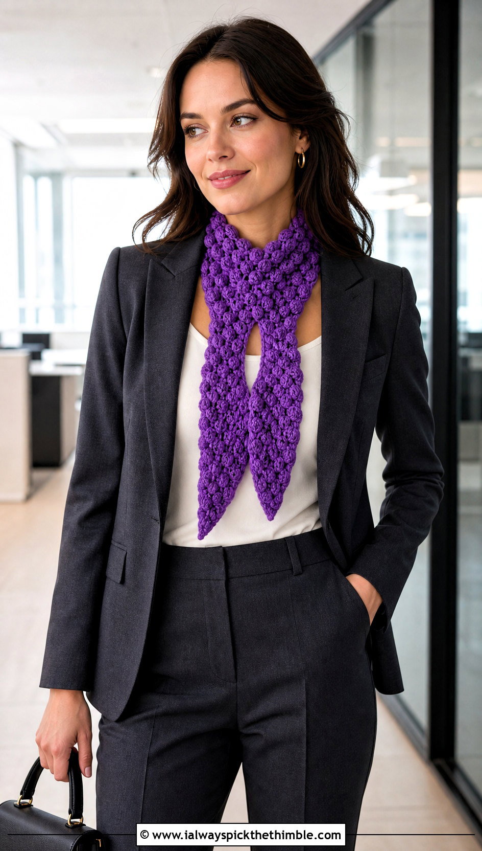 Keyhole Popcorn Crochet Scarf With Tailored Suit - 20 Popcorn Crochet Scarf outfit ideas