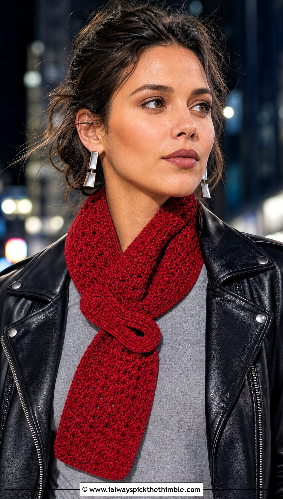 Keyhole Red Crochet Scarf With Leather Jacket - 20 taylor swift red crochet scarf outfit ideas