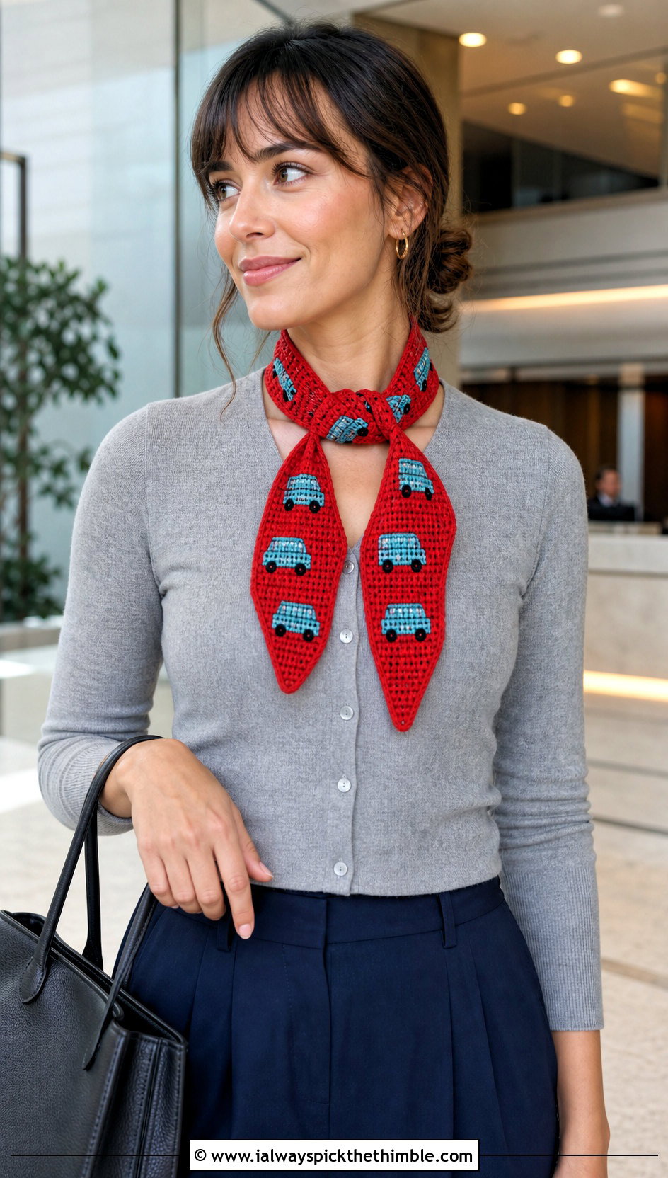 Keyhole School Bus Scarf With Cardigan And Trousers - 20 Crochet School Bus Scarf outfit ideas