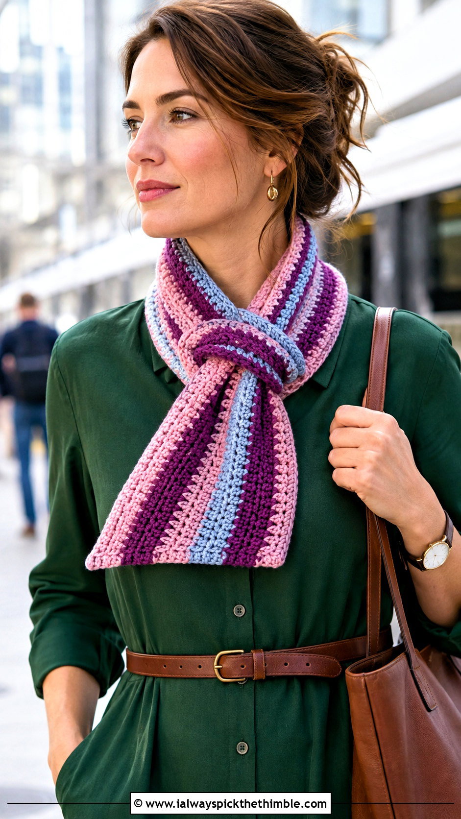 Keyhole Striped Crochet Scarf With Shirt Dress - 20 striped crochet scarf outfit ideas