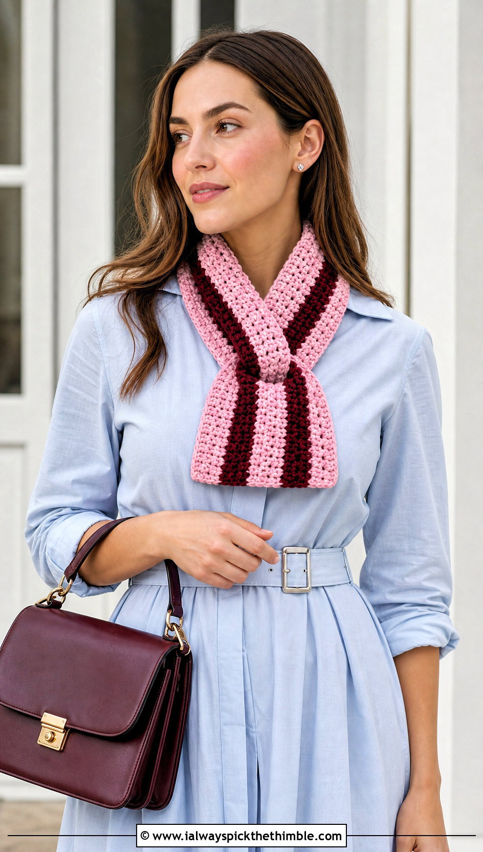 Keyhole Striped Crochet Scarf With Shirt Dress - 20 crochet striped scarf outfit ideas