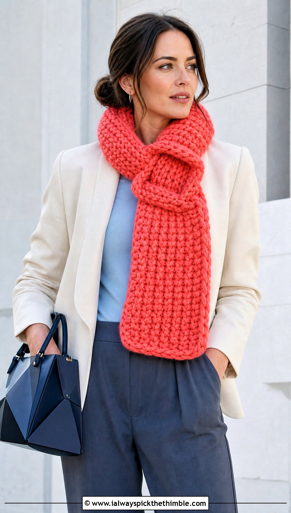 Keyhole Super Chunky Crochet Scarf With Minimalist Separates - 20 Super Chunky Crochet Scarf outfit ideas